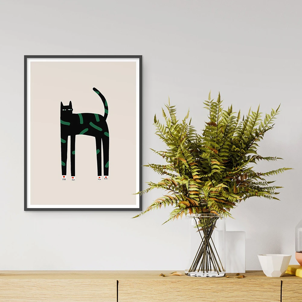 Retro Black Cat Wall Art Poster Boho Abstract Prints Pet Animal Cats