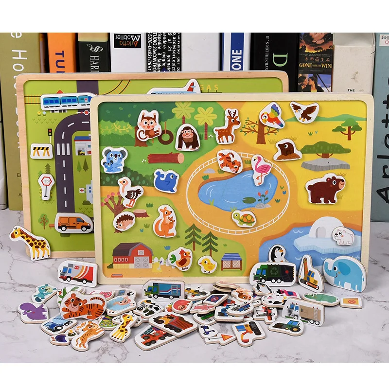 Wooden Magnetic 3D Cognitive Animal Transportation Jigsaw Puzzle Toy for Children's Intellectual Development Building Block Toy