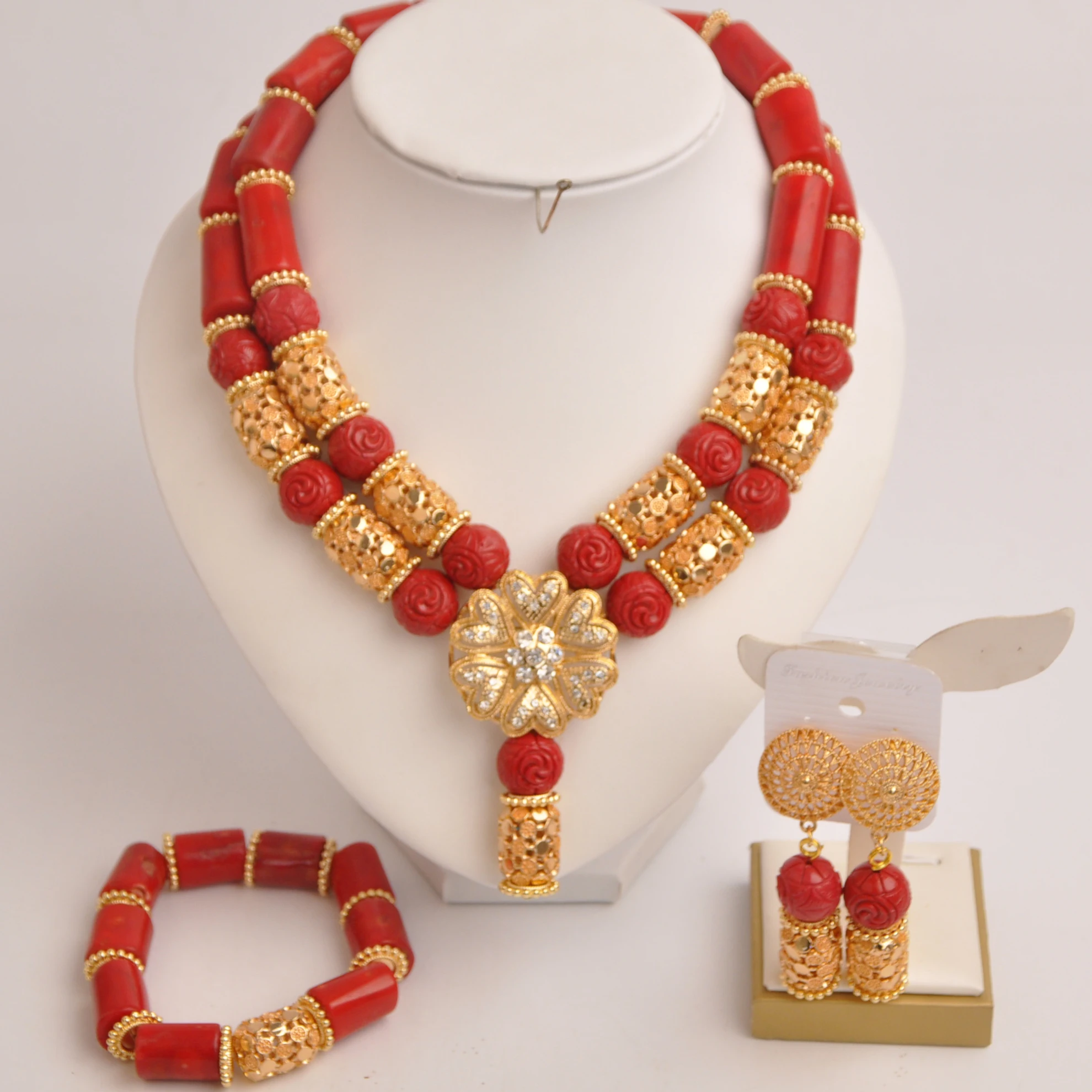 

New Nigerian bride wedding necklace African female natural coral Red porn couple wedding jewelry set SHXY-25