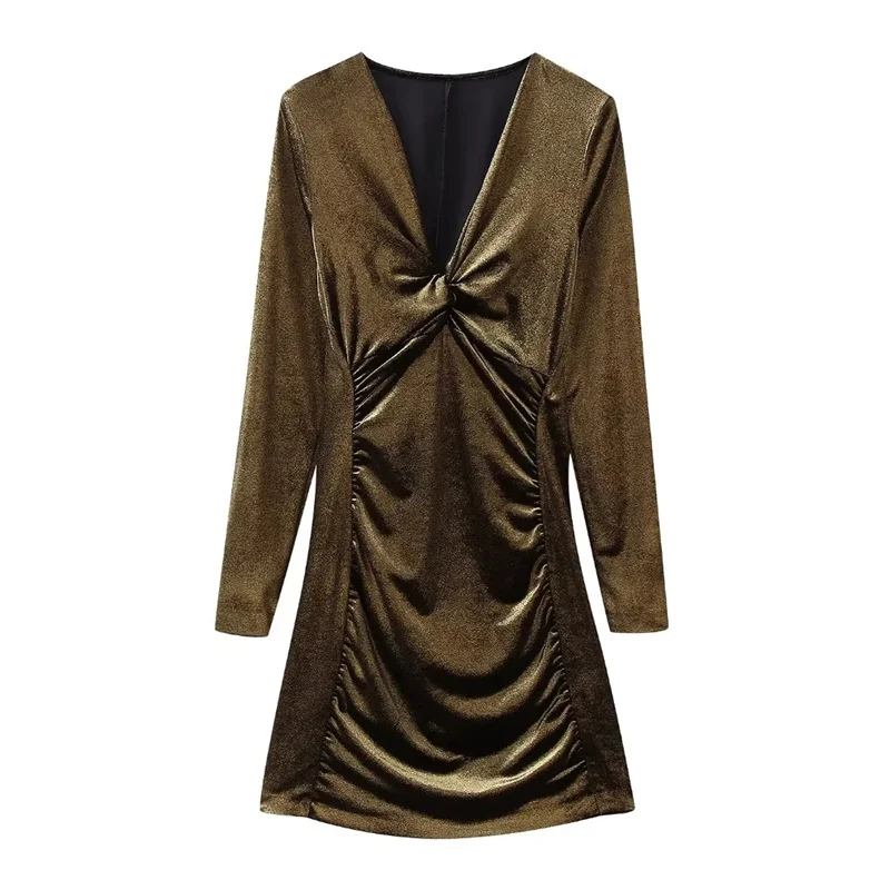 

TRAF Woman Fashion Velvet Fitted Mini Dress Front Ruching V-Neck Short Evening Dresses Party Long Sleeves Knotted Vestidos Y2K