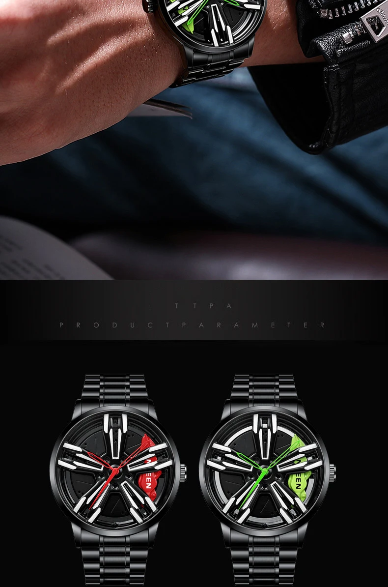 FNGEEN Racing Watches Men Custom Design Super Car Rim Watch Stainless Steel Black Retro Waterproof Watch Relogio Masculino L001