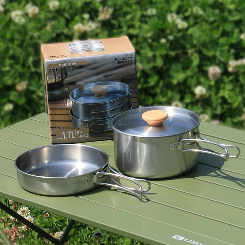 2Pcs/Set Camping Cookware Outdoor Cooking Pot Frying Pan Collapsible Picnic  Portable Backpacking Skillet Trekking Tableware