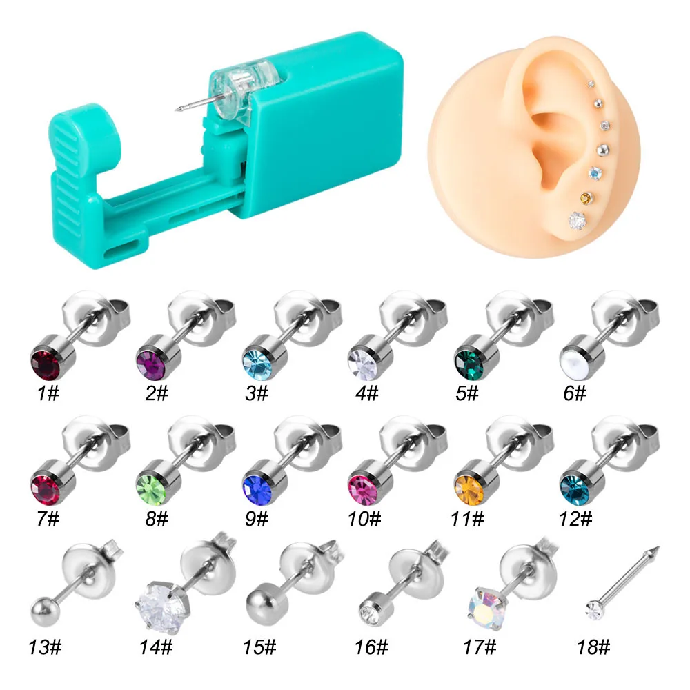 

1PC Safety Self Ear Piercing Gun Women Black Gold Plated Silver Color Disposable Piercing Kit 2-5mm CZ Crystal Top Earring Studs