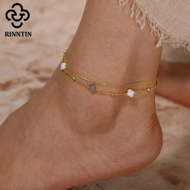 Rinntin Genuine 925 Sterling Silver Double Layer Clover Chain Anklet Lucky Clover Charm Anklets Bracelet Female Jewelry GMA02
