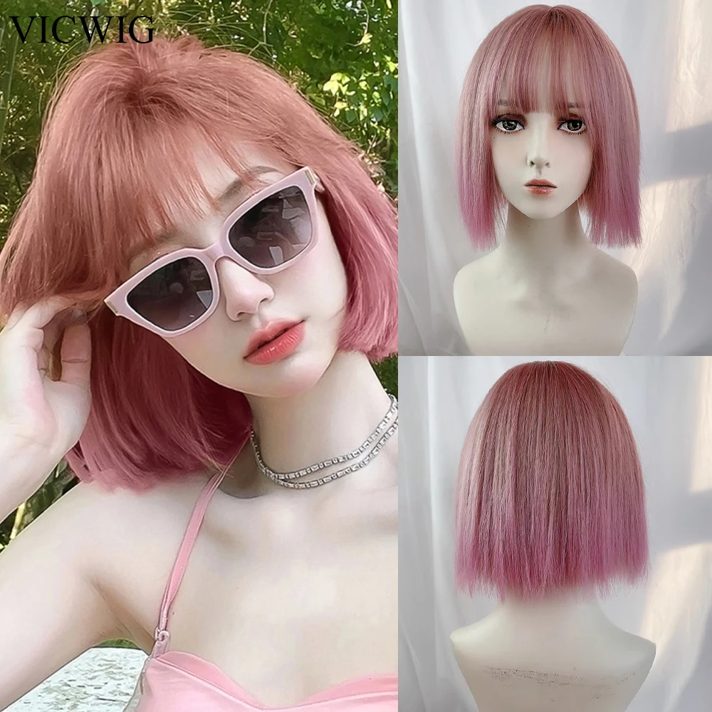 

VICWIG Short Straight Synthetic Wigs with Bangs Ombre Pink Women Lolita Cosplay Hair Wig for Daily Party