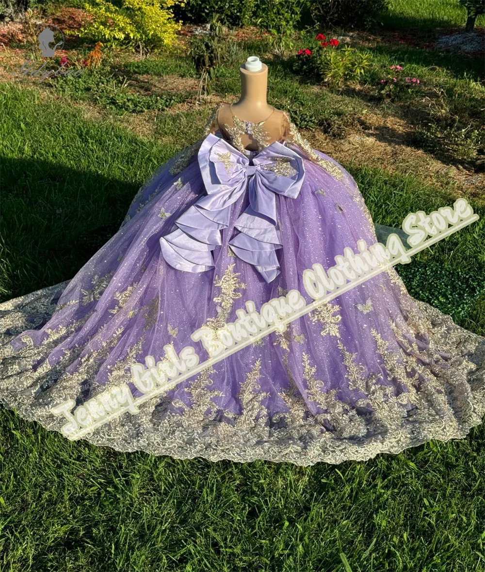 Lavender Girl Princess Dress Blonde Lace Appliqu&eacute; Fluffy Big Bow Long Trail First Communion Wedding Bridesmaid Dress flower girl dresses