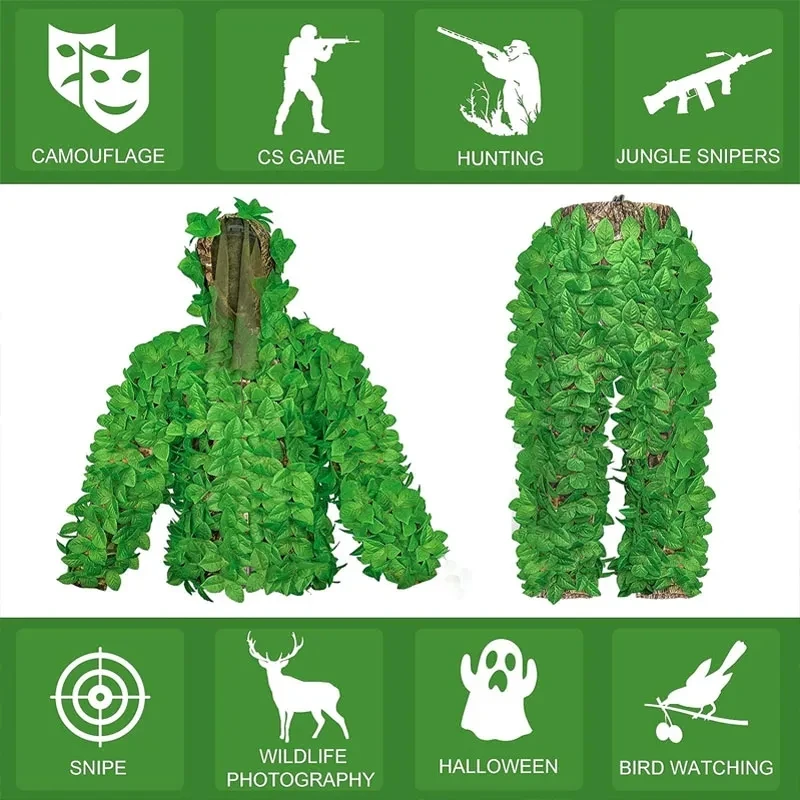 Adult 3D Green Leaves Camouflage Clothing Hunting Outfit Perform Theatrical Clothing Jungle Covert Hunting Gear
