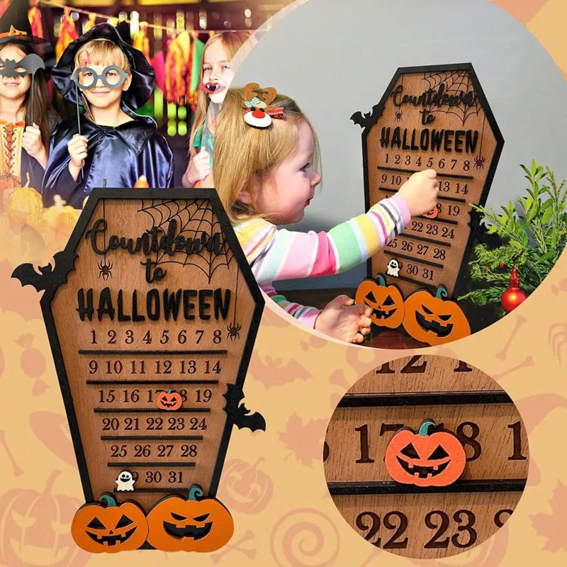 

Halloween Advent Countdown Calendar Pumpkin Bat Wooden Time Tool Calendar Scary Ghost Creative Ornament Kid Toy Home Decor