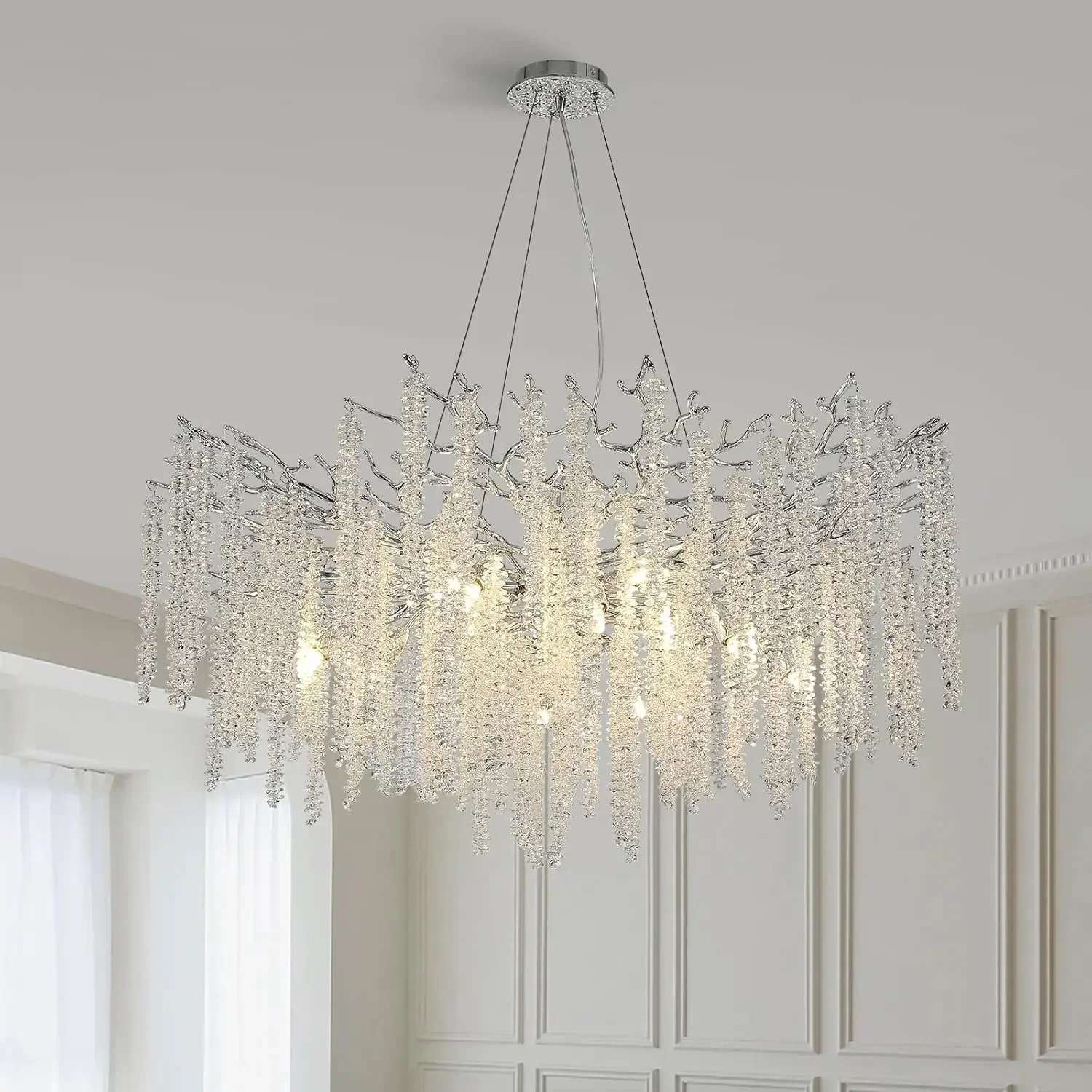 Modern Sliver K9 Crystal Chandelier Light Luxury Tree Branch Round Chandeliers Foyer Ceiling Light Fixtures for Dining Room
