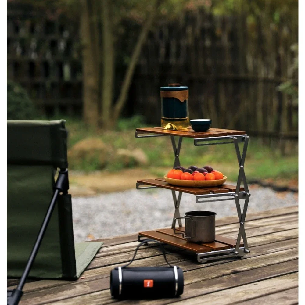 Camping Storage Rack Three-Layer Folding Steel Portable Storage Rack for Picnics Barbecue Multifunctional Shelf