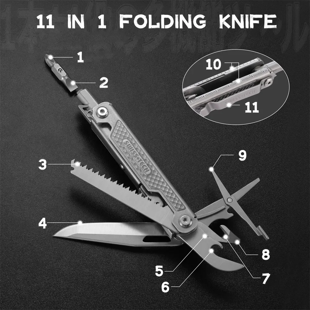 SWISS TECH 11 in 1 Mini Multitool Folding Knife Tactical Camping Survival Tools Outdoor Pocket Knife Scissors EDC Equipment