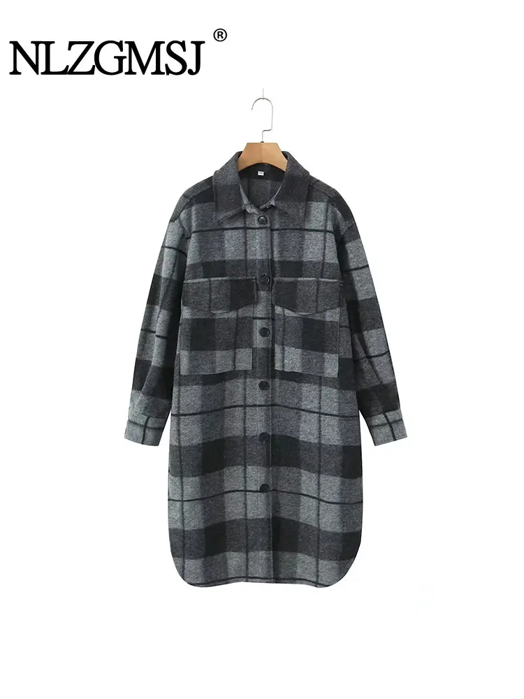 

Nlzgmsj TRAF 2023 Women Autumn Winter Loose Plaid Coat Classics Pocket Lapel Single Breasted Long windbreak Coat