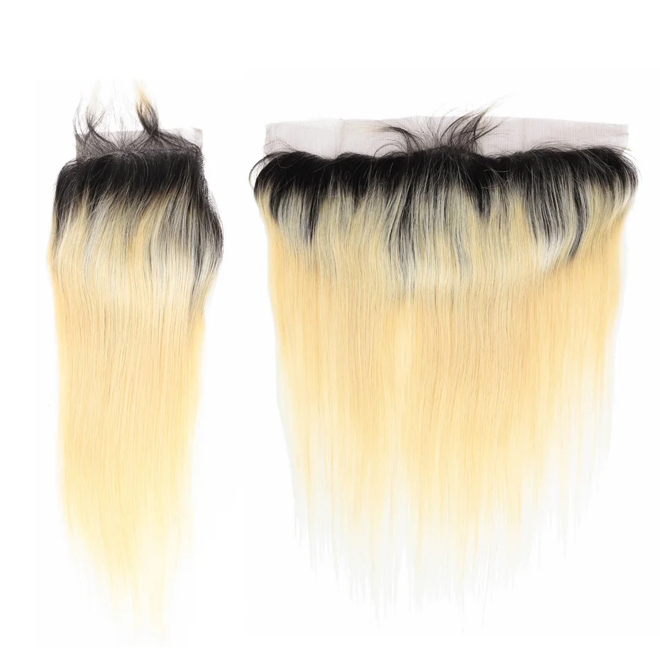 613 Capelli umani con chiusura color biondo miele con radici scure 13x6 Frontale in pizzo trasparente Solo 1B613 Chiusura in pizzo 4x4 da 8-24 pollici - immagine 2