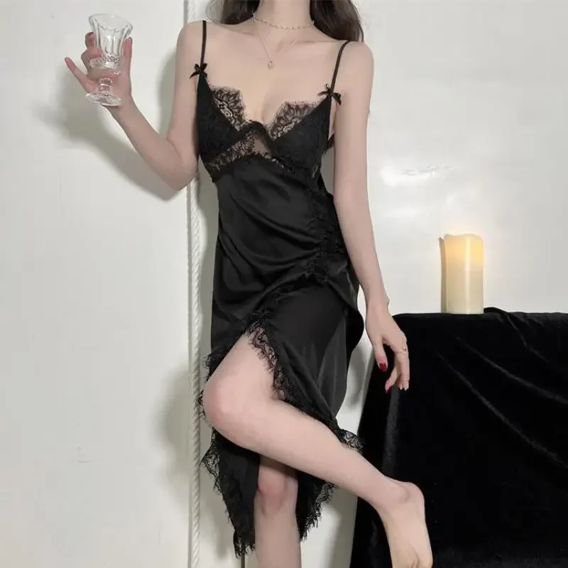 

Sexy Lace Hollow Out Nightdress Nighty Gown Women Satin Chemise Nightgown Summer Strap Robe Sleepwear Dress Loungewear Outfits