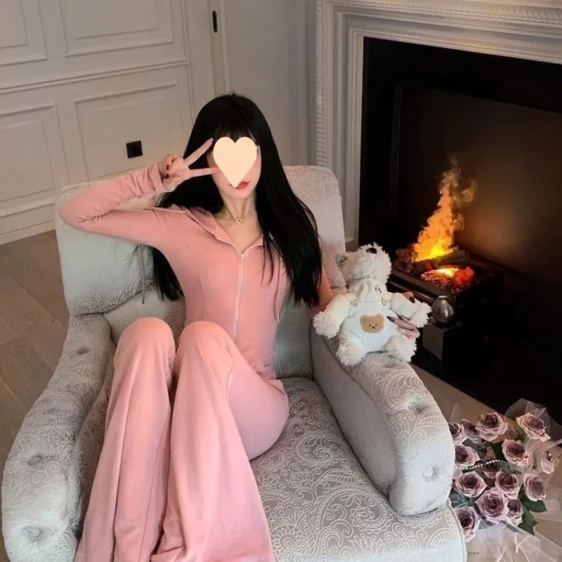 Casual Sportswear Set for Women Autumn Fashion Hoodie Jacket Flared Pants Two-Piece Set Comfortable Streetwear Outfit