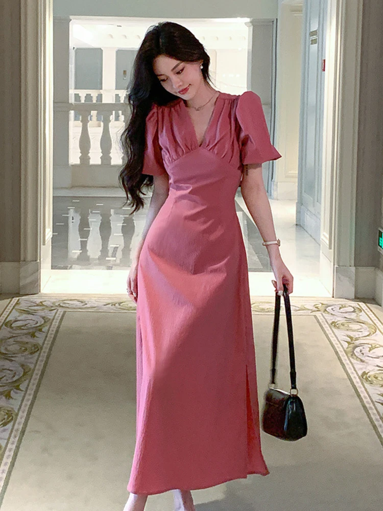 

Trendy Summer Sweet Solid Long Dress Women Ladies Clothing Elegant Pretty Casual Puff Sleeve Slit Maxi Robe Femme Mujer Vestidos