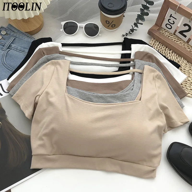 

Женские милые укороченные топы ITOOLIN, Привлекательный бюстгальтер с открытой спиной, футболка с вырезом лодочкой, трикотажные летние топы, милые женские топы с коротким рукавом