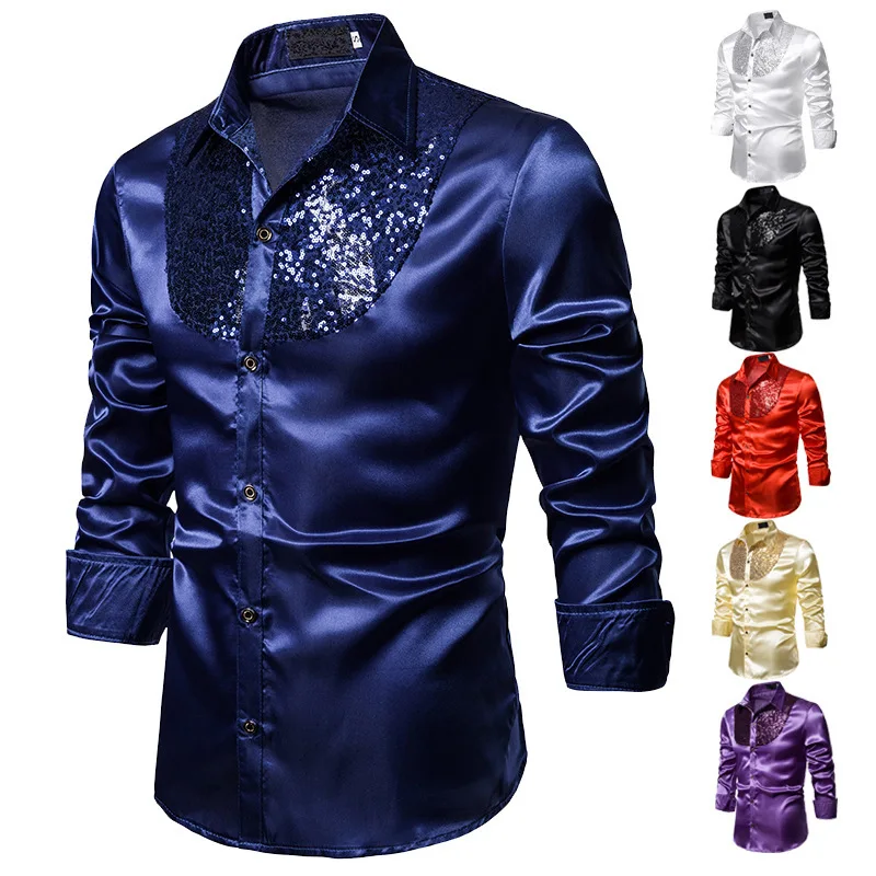 Spring Autumn Men's Sequined Shirt Nightclub Costume Host Men's Long-Sleeved Shirt