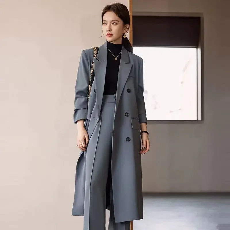 

Trench Coat for Women Suit Collar Double-breasted Solid Color Long Coat Elegance Office Lady Jackets Autumn Winter Clothes Women