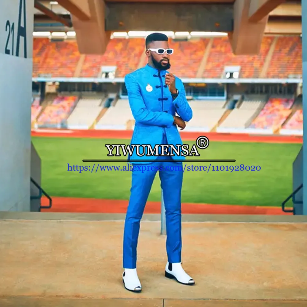 

Роскошные мужские костюмы с маленьким воротником-стойкой в китайском стиле жаккардовые атласные мужские свадебные костюмы для жениха набор из 2 предметов на заказ