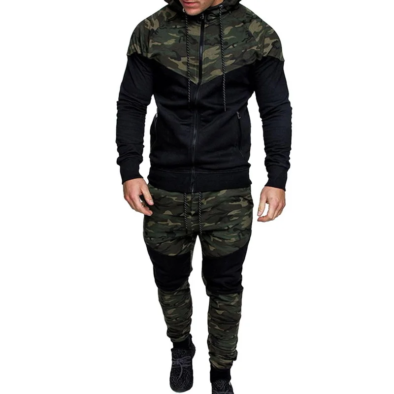 

Men Causal Camouflage Patchwork Sets Camo Zipper Jacket+Pants 2PC Tracksuit Sportwear Hoodies Sweatshirt Pant Suit Plus Size