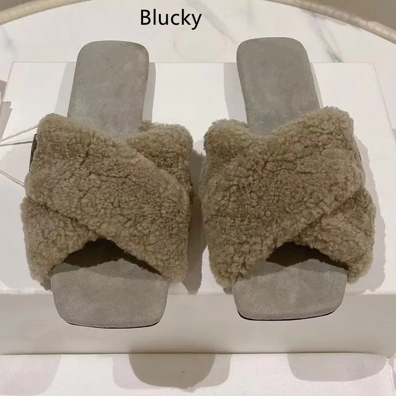 

Women's square open-toed fur flat shoes Women's autumn wool plush comfortable casual slippers Women's