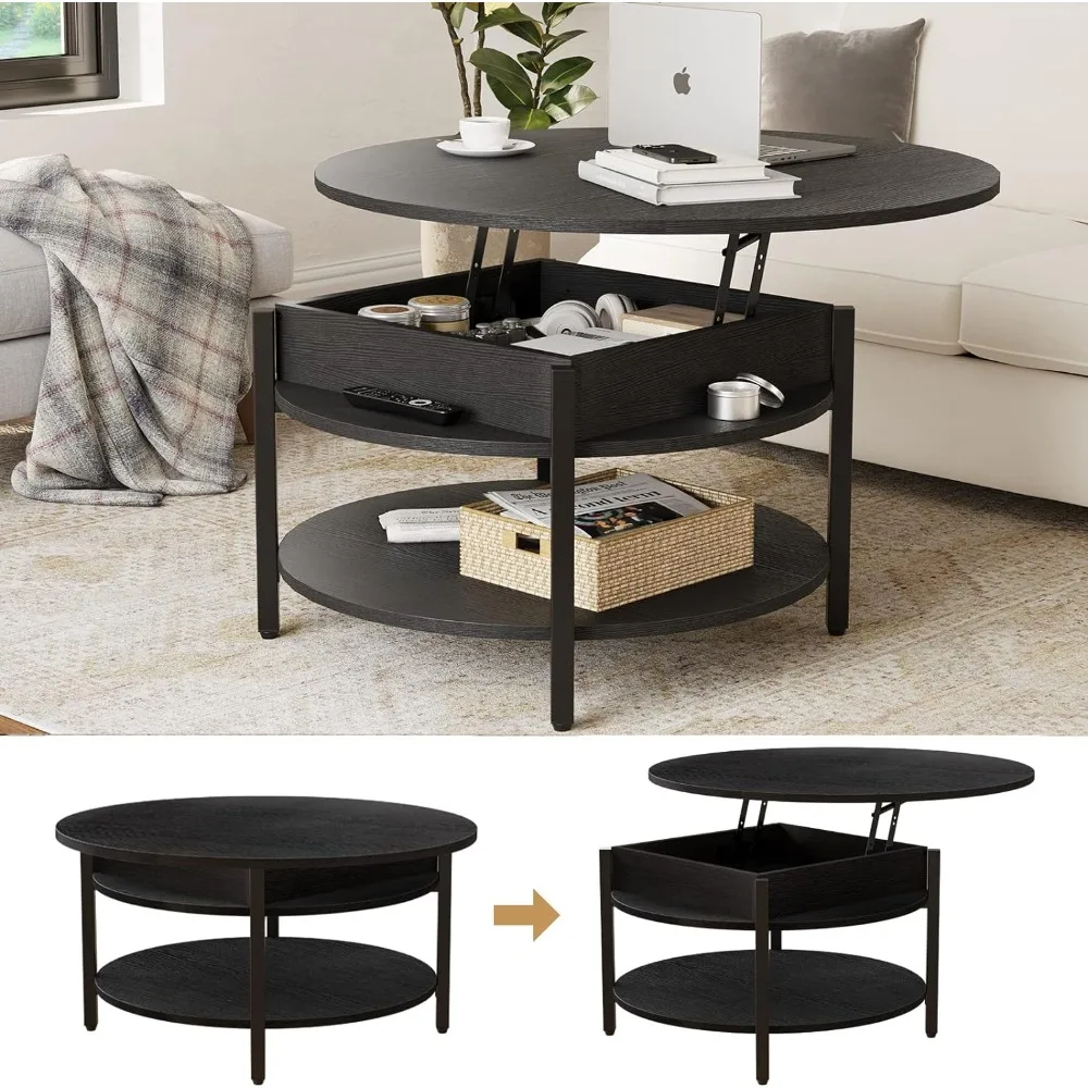 35.43\'\' Farmhouse Coffee Table for Living Room Reception Room Round Lift Top Coffee Table With Storage and Hidden Compartment
