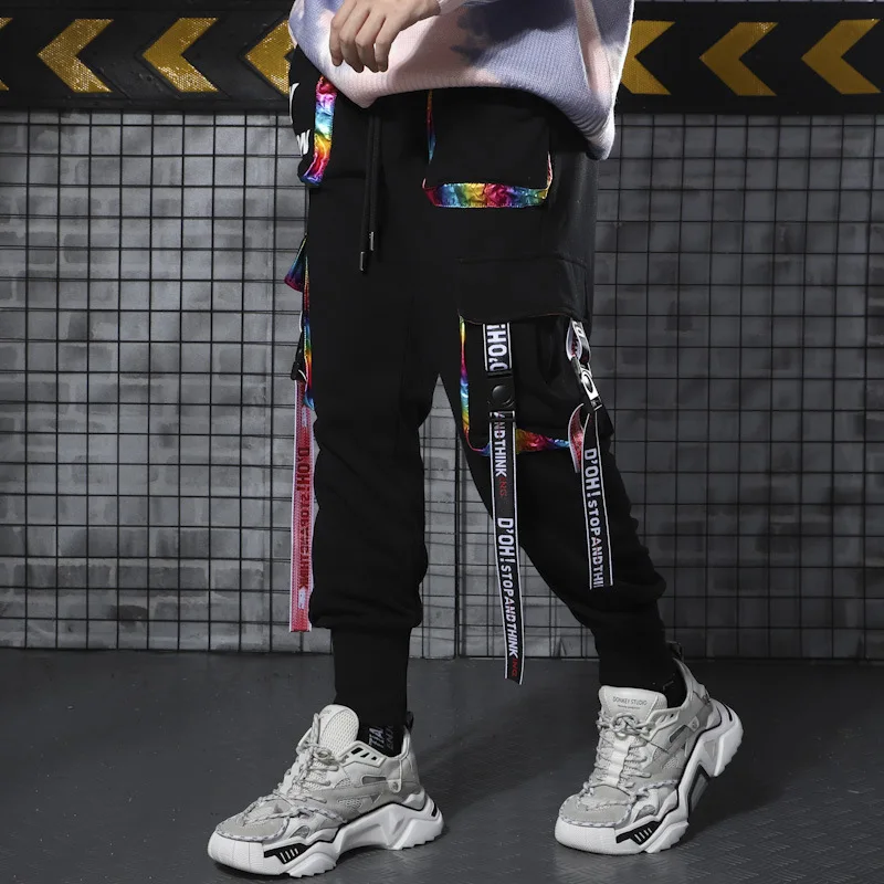 Hip Hop Joggers Men Letter Ribbons Cargo Pants Pockets Track Tactical Casual Techwear Trousers Sweatpants Streetwear,men trousers