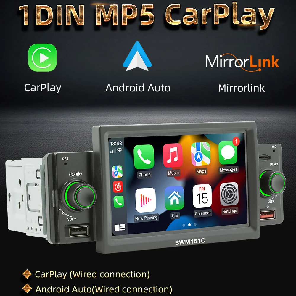 Car Stereo Car Stereo MP5 Player Single Din BT FM Radio Receiver with Carplay Android Auto Support Hands-Free Calling USB Charge