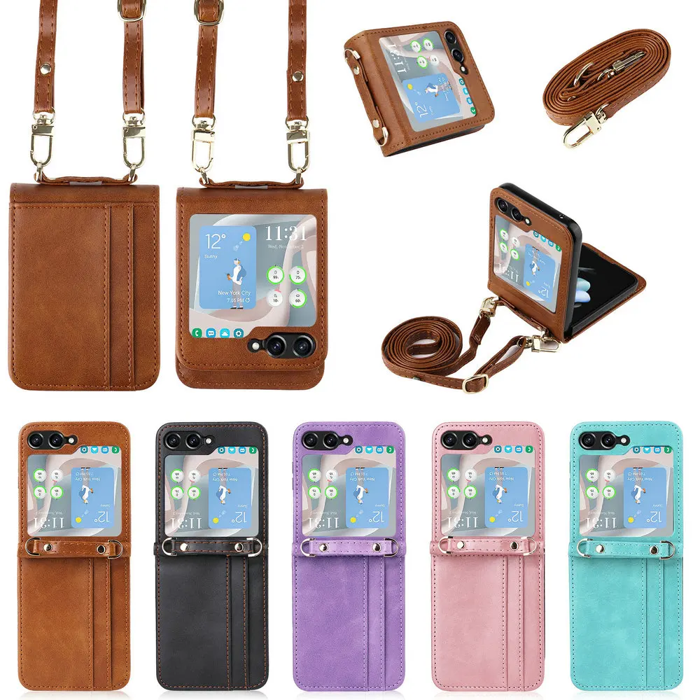 

Z Flip 5 Z5 Flip5 New Case Retro PU Leather Book Card Holder Back Cover For Samsung Galaxy Z Flip 5 5TH Gen Phone Bags + Straps