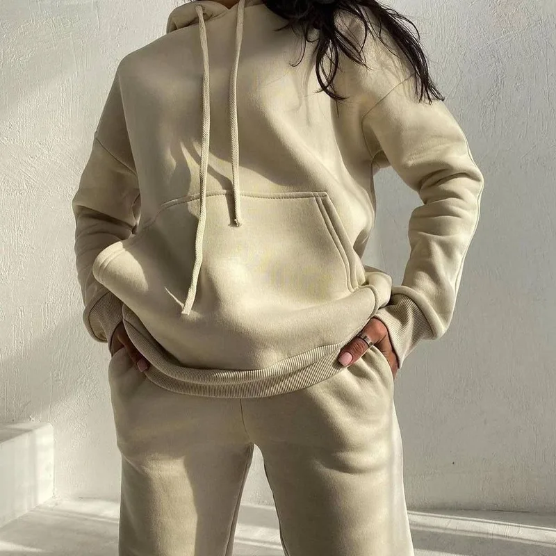 Leisure Fashion Sports Autumn and Winter New Women's Solid Color Plus Velvet Pocket Long-sleeved Hoodie Pants Two-piece Suit