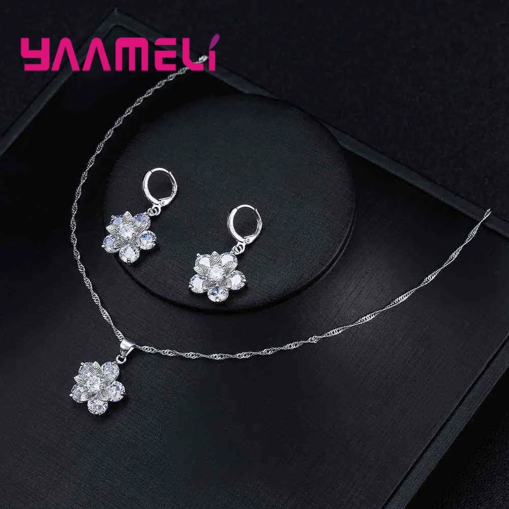 Silver 925  Statement Necklace Earring Jewelry Set For Anniversary Accessory Women Cubic Zircon Bridal Wedding - 2