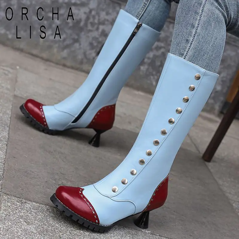 

ORCHA LISA Female Mid Calf Boots Square Toe Strange Heel 6cm Zipper Rivets Mixed Color Casual Women Bota Large Size 46 47