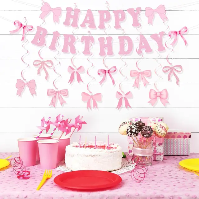 Pink Happy Birthday Banner Garland – 17pcs Party Flag Decoration 5