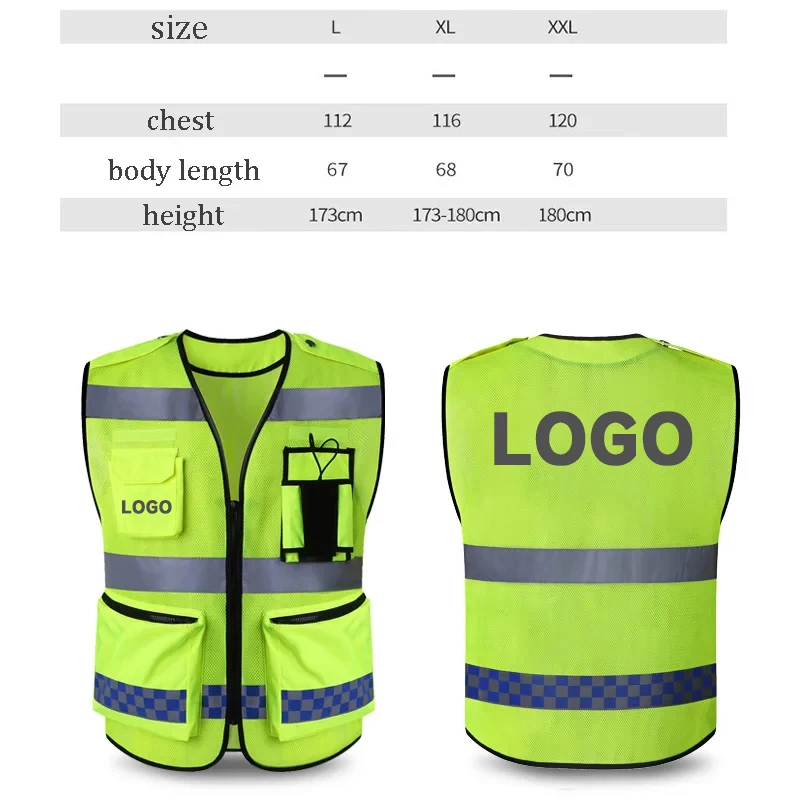 Reflective Safety Vest High Visibility Zippered Work Clothes Fishing Net Multi-Pocket Traffic Construction Night Safety Clothing