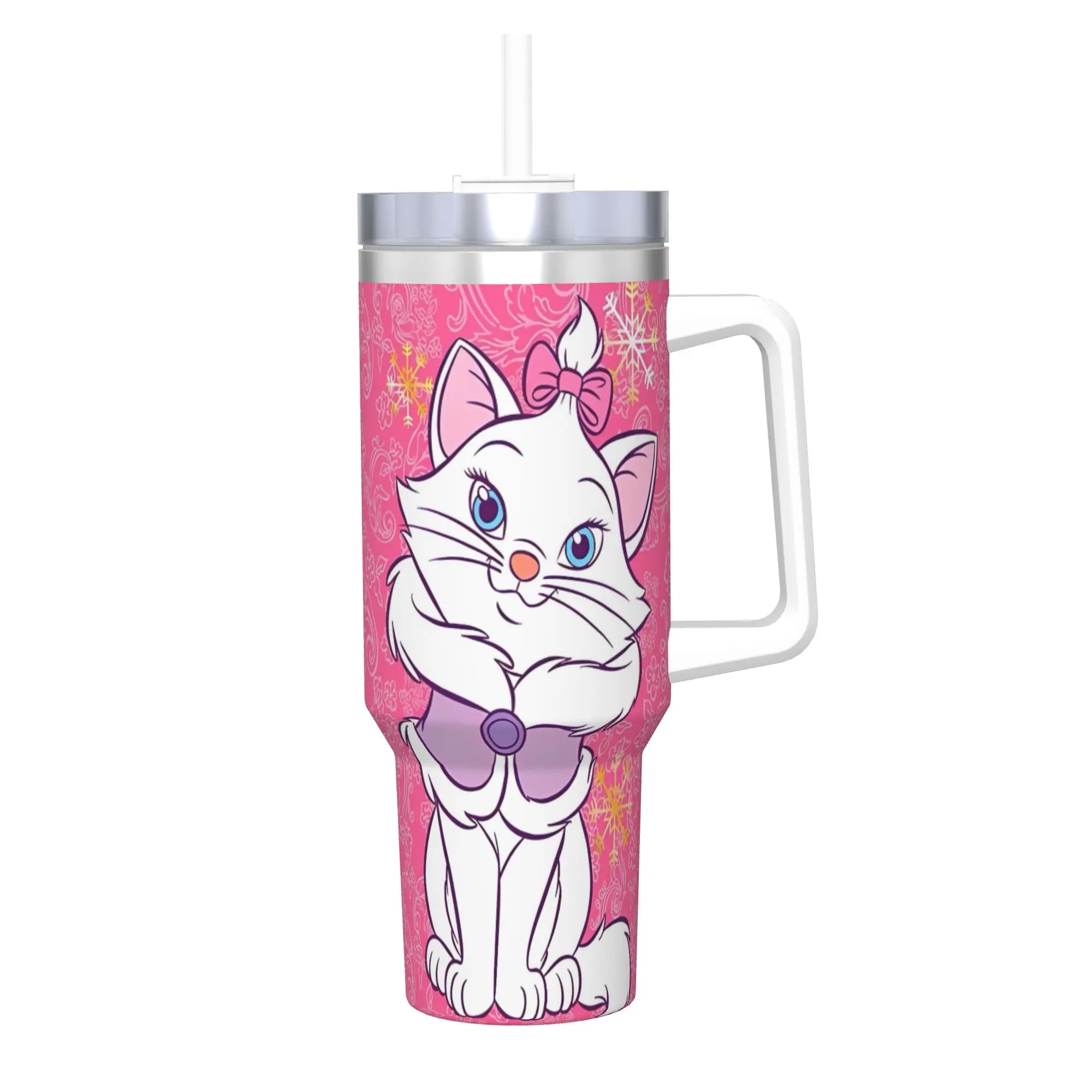 Stainless Steel Aristocats Marie Cat Tumbler with Straw - Large Capacity Thermal Mug