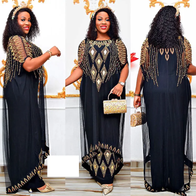 

African Dresses For Women Short Sleeve Turkey Diamonds Evening Wedding Party Floor Length Dress Muslim Africa Clothes 2023
