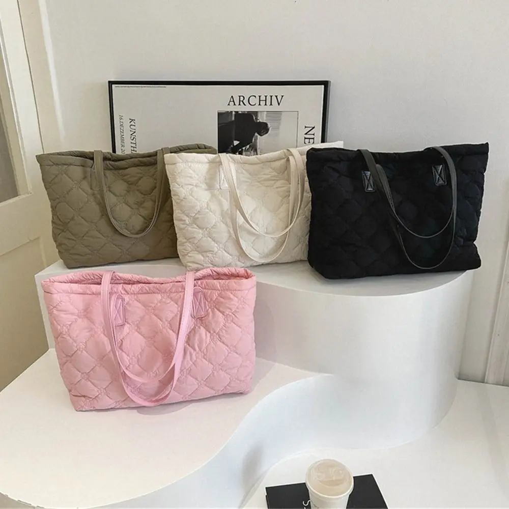 

Solid Color Shoulder Bags Casual Down Cotton Padded Large Capacity Underarm Bags Quilted Tote Bag Women Girls