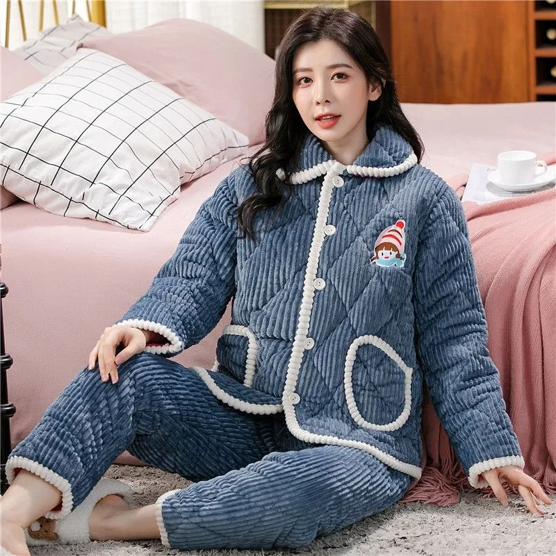 2023 New Autumn Winter Women Pajamas Three Layers of  Thickened Plush Cotton Coral Velvet Flannel Women Household Clothes Suit