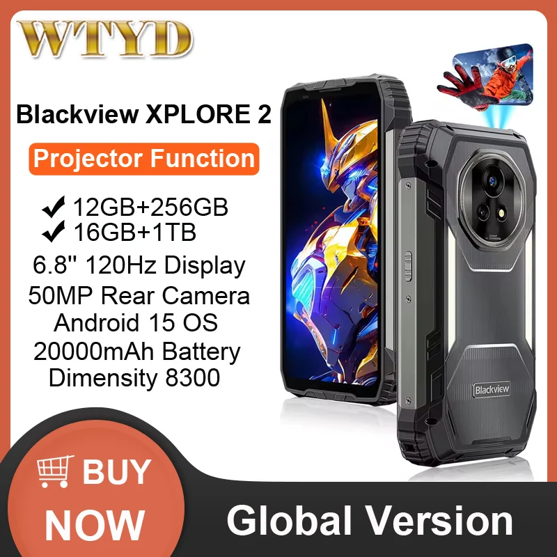 Blackview XPLORE 2 Projector Rugged Phone 16GB+1TB 6.73" AMOLED Display Dimensity 8300 50MP Camera 20000mAh NFC 5G AI Smartphone