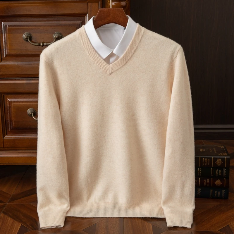 Basic Sweater V-Neck Pullover Wool Sweater Men's Long Sleeved Solid Color Business Casual Jumper Sweater Autumn Winter Warm Knit Top