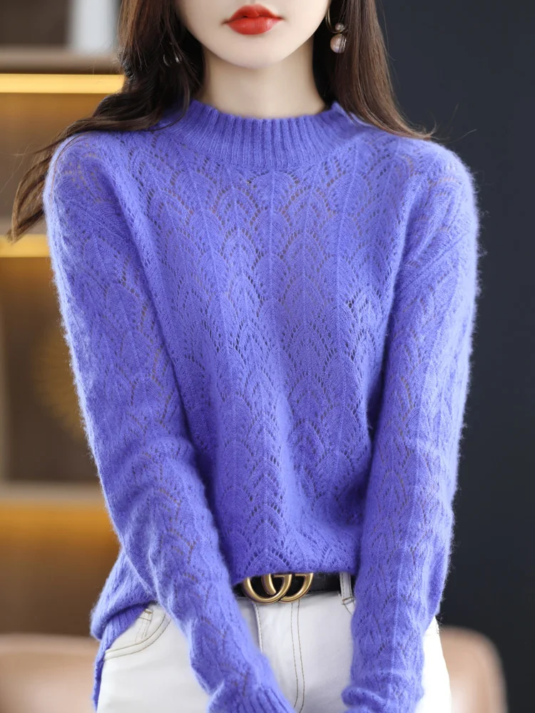 

Spring Autumn 100% Merino Wool Mock-neck Pullover Sweater For Women Hollow Out Cashmere Knitwear New Fashion Female Clothing Top