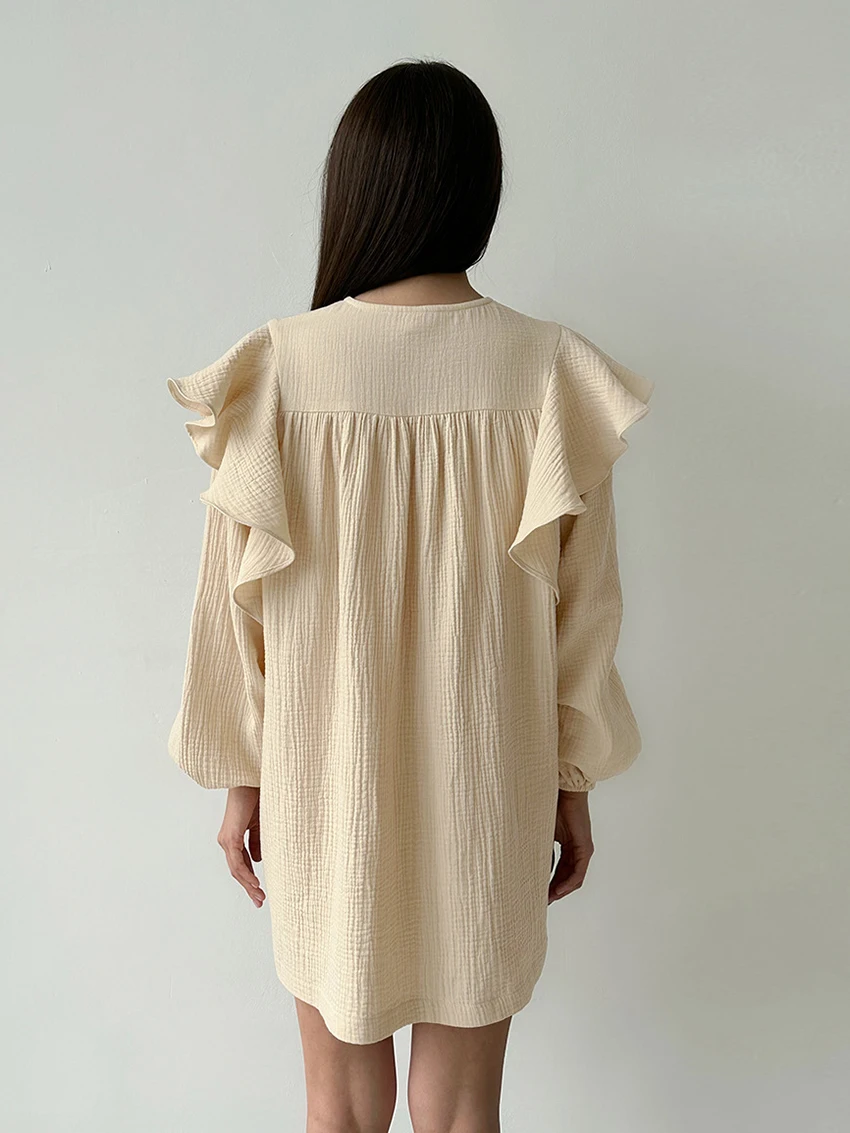 Marthaqiqi Cotton Loose Femme Nightgowns O-Neck Lace Up Sleepwear Long Sleeve Nightwear Casual Mini Dress Home Clothes For Women