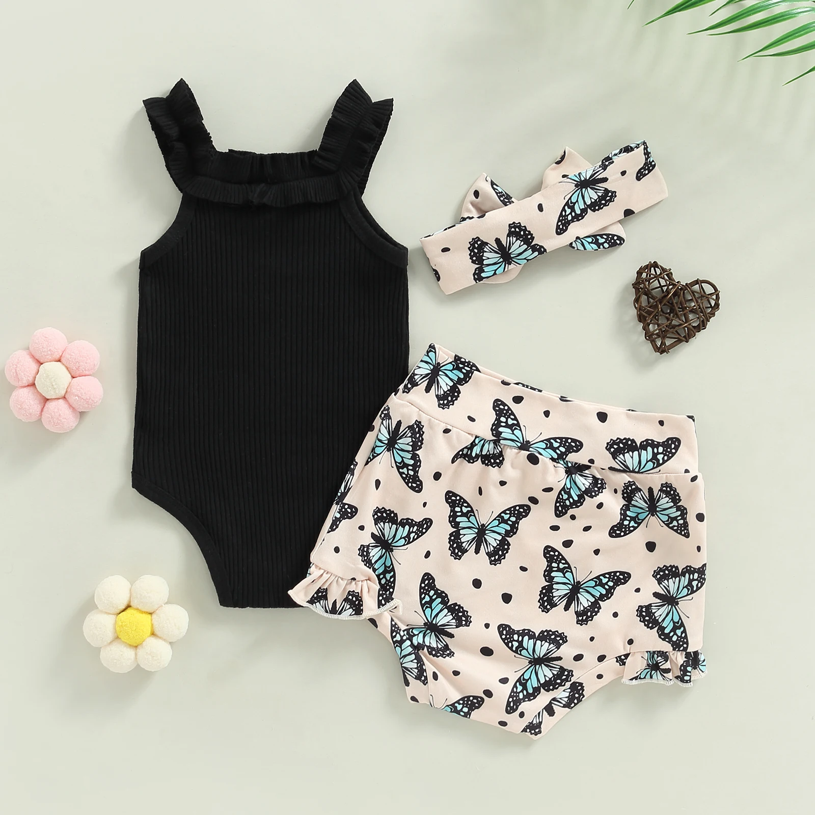 Infant Newborn Baby Girls Shorts Set, Sleeveless Romper + Flower/Rainbow/Butterfly Print Shorts + Hairband 3Pcs Set 0-18M 3
