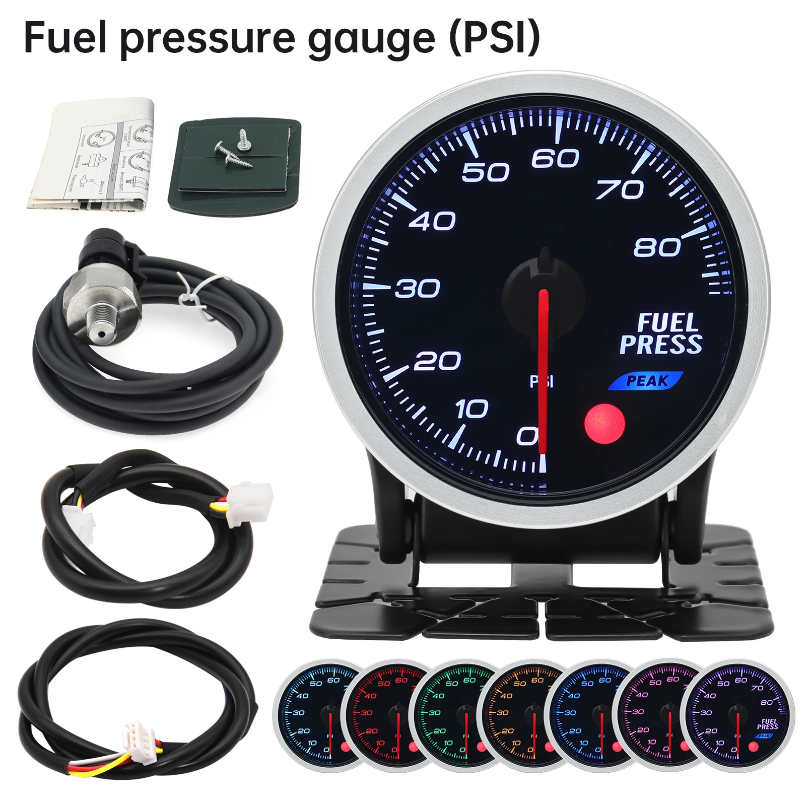 8-Color Backlit Universal Turbo Pressure Gauge - Fuel, Oil, Temp Reading, 52mm, 12V