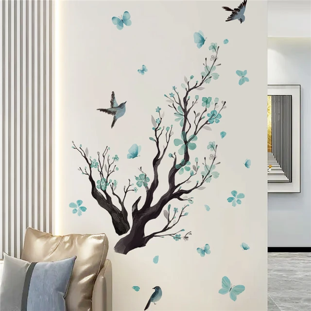 Autocollants muraux de branche d'arbre de fleur, décoration de fond de  salon, papier peint d'oiseau et de papillon, décor à la maison,  décalcomanies d'art - AliExpress