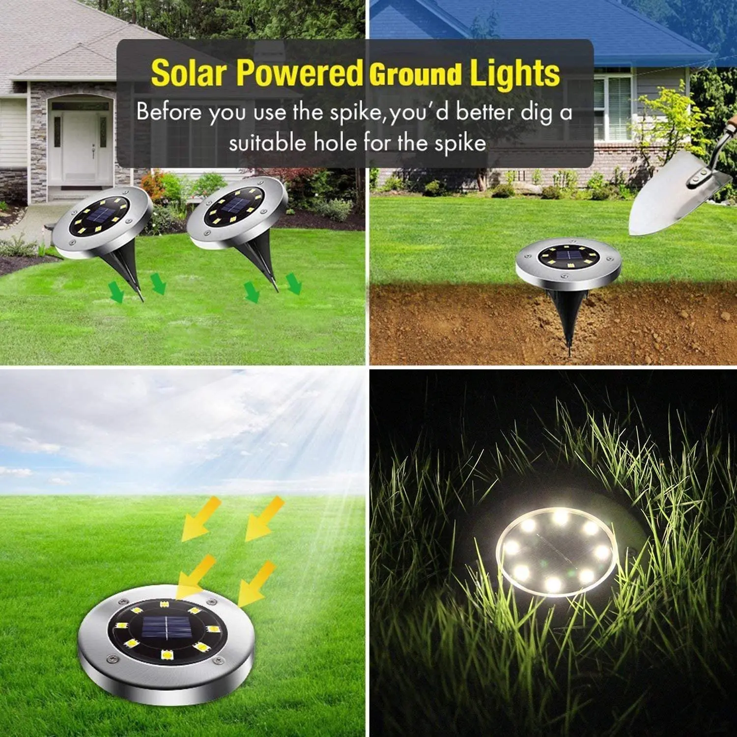 Solar powered ground lights, environmentally friendly and reducing electricity bill, are shown in different pictures.