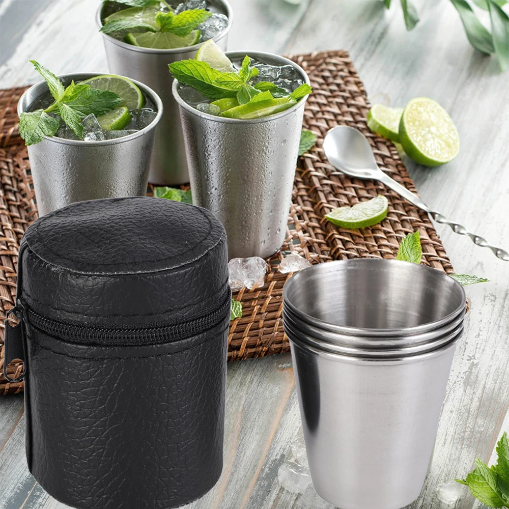 30/70/170ML Portable Beer Cup Set Stainless Steel Whiskey Glasses For  Camping Travel 4pcs Mini Water Cups With Leather Cover Bag - AliExpress