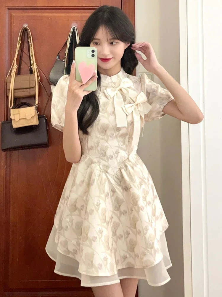 Bubble Sleeve Korean Fashion Dress Women Flower Print