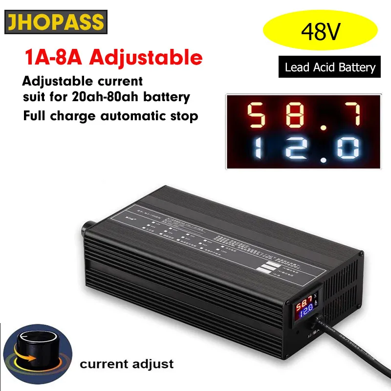 

8a Charger 48V 80AH 60AH 50AH 48V8A Adjustable 1a-8a Lead Acid Battery SLA AGM VRLA Current Adjust Fast Charge for ebike Scooter